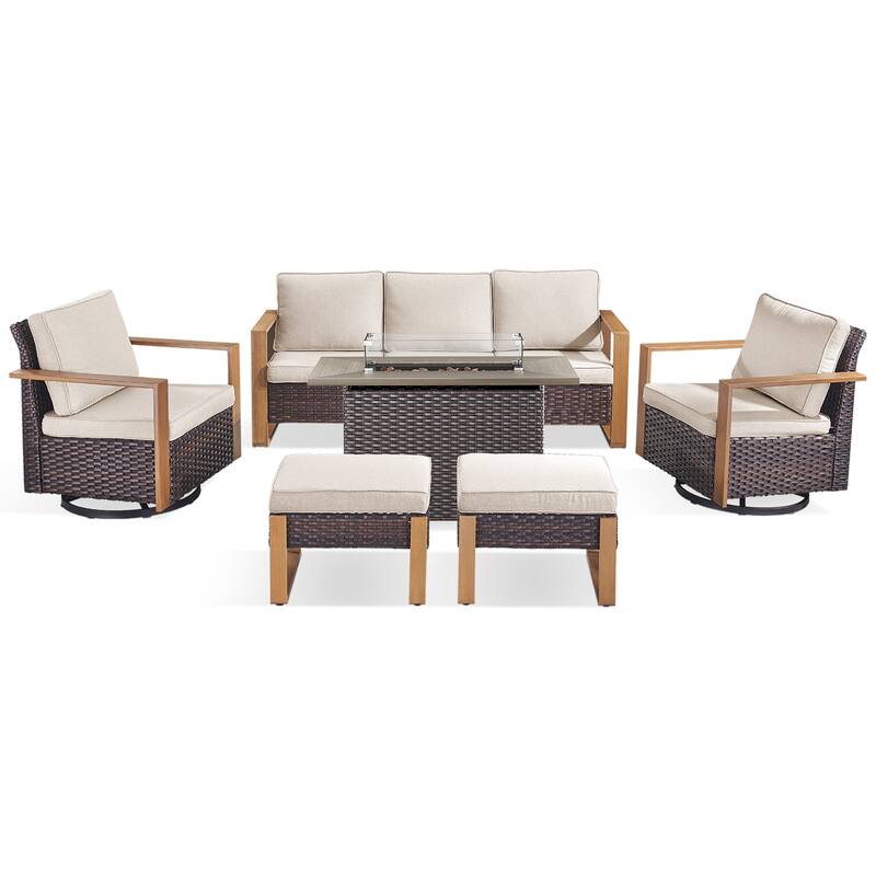 Meyreso Wicker Outdoor Patio Fire Pit Set with Swivel Gliders & 4.5" Olefin Cushions