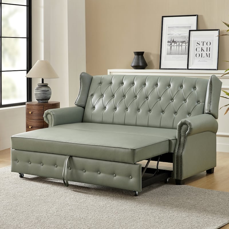 Ruedi Transitional 73.6" Vegan Leather Sofa Bed with Tufted Back and Nailhead by HULALA HOME