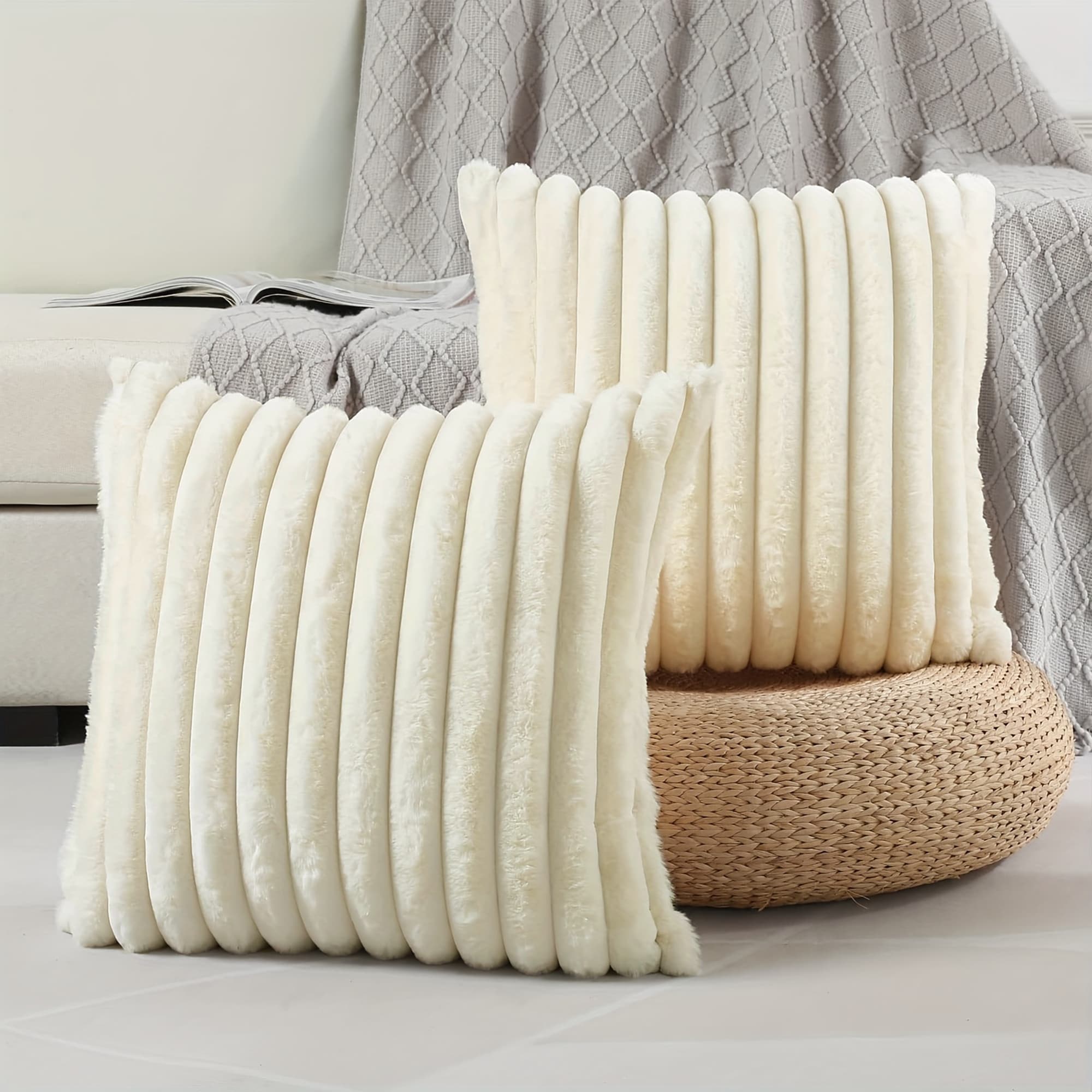 Striped Faux-Fur Square Throw Pillow (Set of 2)