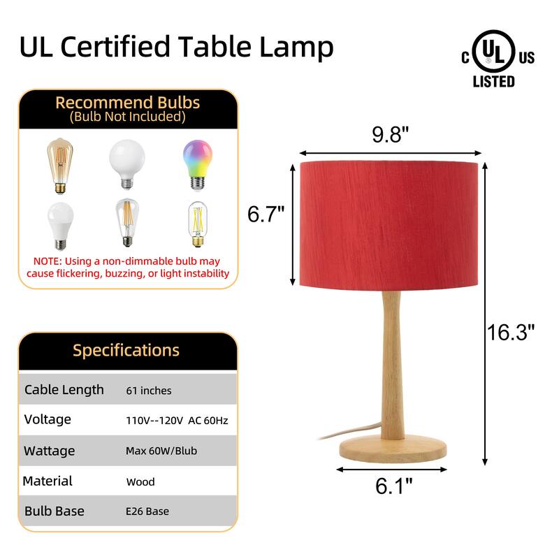 16.3" Modern Table Lamp with Natural Wood Base, Linen Fabric Drum Shade for Bedroom, Living Room, Nightstand