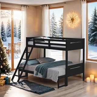 Contemporary Twin over Full Bunk Bed with Masculine Style Frame, Angled Ladder, Guardrails and Convertible Design, Black