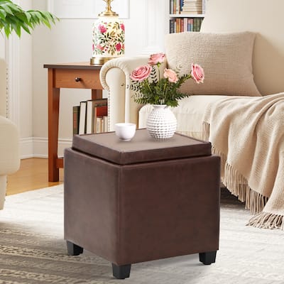 ​18" Square Storage Ottoman with Tray - 250LBS Weight Capacity, Leather Upholstered Footstool for Living Room