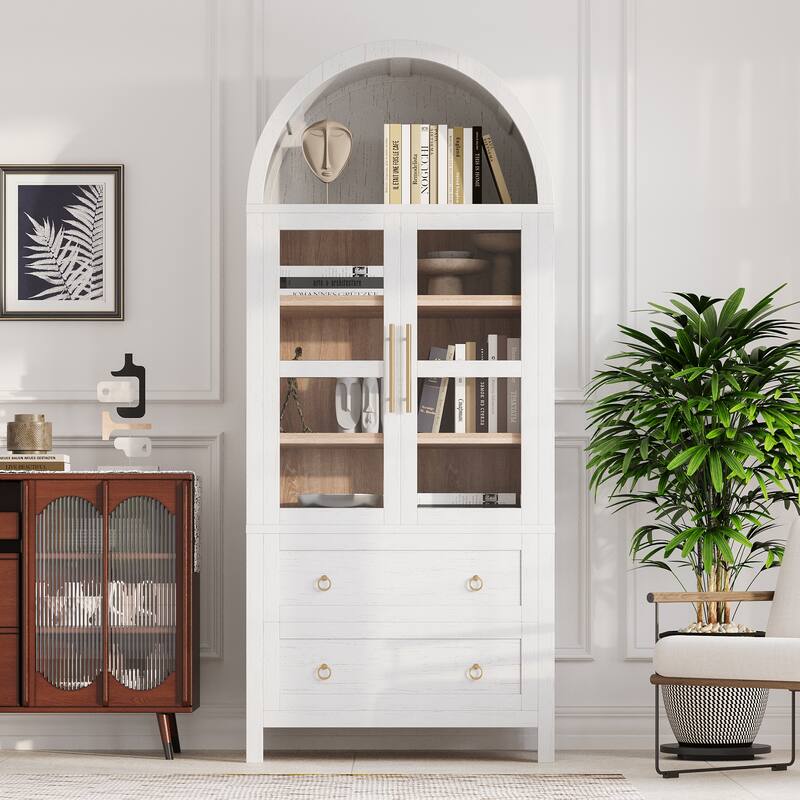 71"Tall Arched Kitchen Pantry Cabinet with 2 Large Drawers, Kitchen Storage Cabinets with Adjustable Shelves, Glass Door