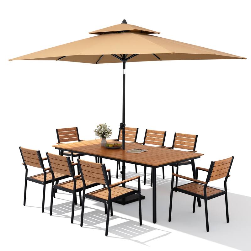 11PC Outdoor Patio Dining Set Aluminum Table with Stackable Armchairs w/ Market Umbrella Set