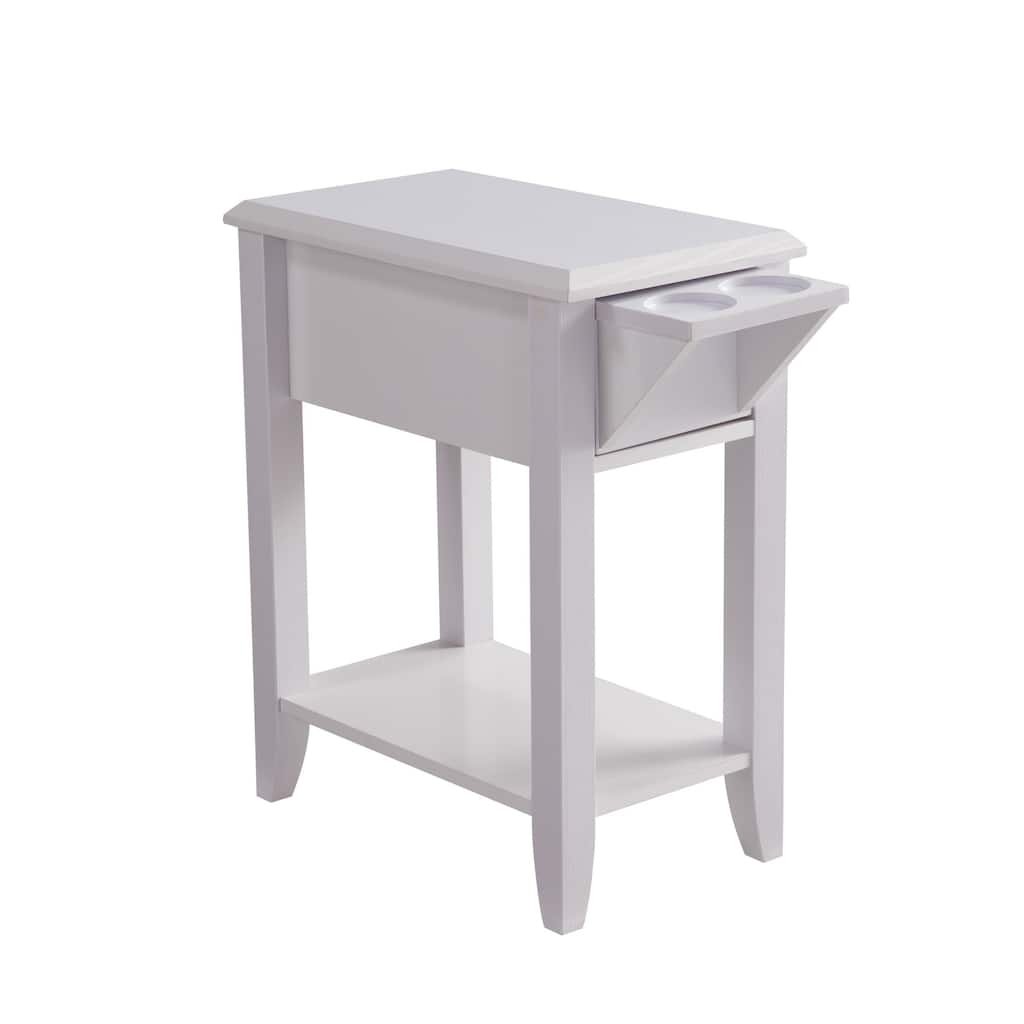 24 Inch Modern Chairside Table with Extendable Drawer and Cupholders, White