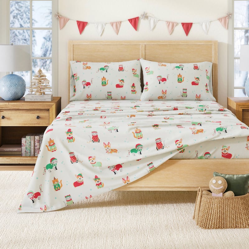 Linery & Co. Christmas Turkish Cotton Double-Brushed Flannel Bed Sheet Set - Full - Dog Cat Christmas