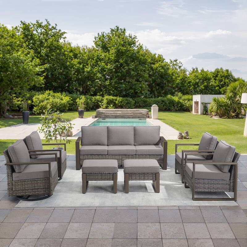 Gymojoy Outdoor Wicker Patio Furniture Sofa Set - 7-Piece Sofa Set - Grey Wicker / Grey Cusion