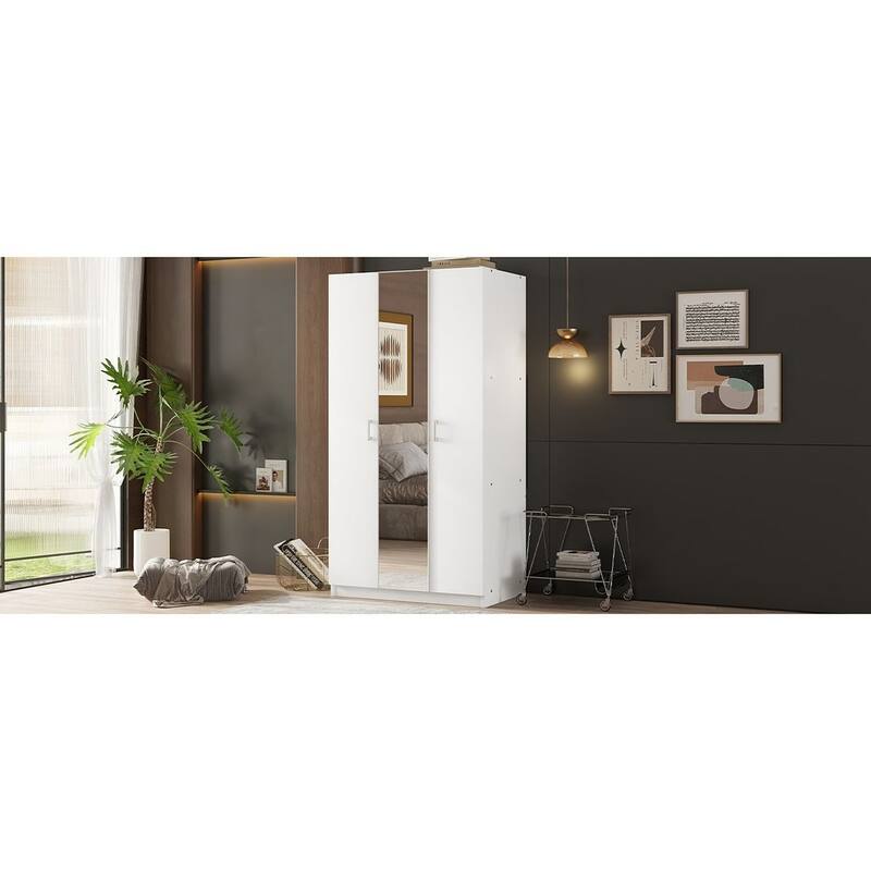 Modern 3 Door Wardrobe with Mirror, 3 Drawers, Hanging Rod - N/A