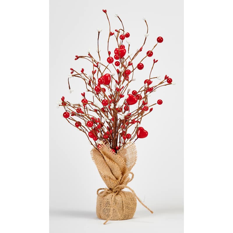 18" Valentine's Day Red and White Hearts with Berries Tabletop Tree in Burlap Sack Base - 18