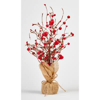 18" Valentine's Day Red and White Hearts with Berries Tabletop Tree in Burlap Sack Base - 18
