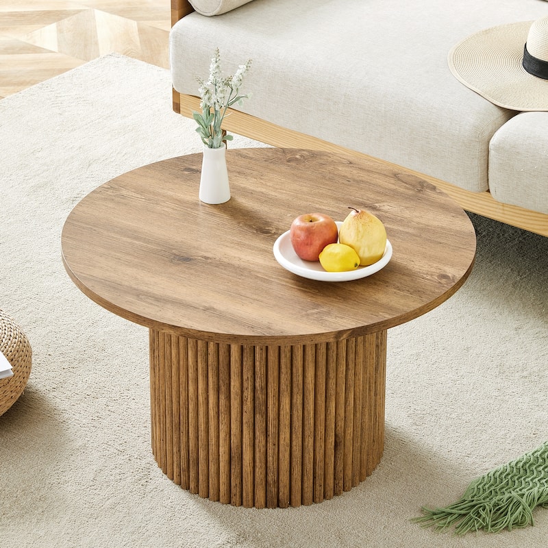 Modern Round Coffee Table with Cylindrical Legs Wooden Center Table with Concealed Storage Space Living Room Tea Table - Wood