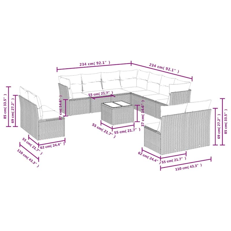 vidaXL 11/12 Piece Patio Sofa Set with Cushions Black/Brown/Gray Poly Rattan - 21.7 x 24.4 x 27.2