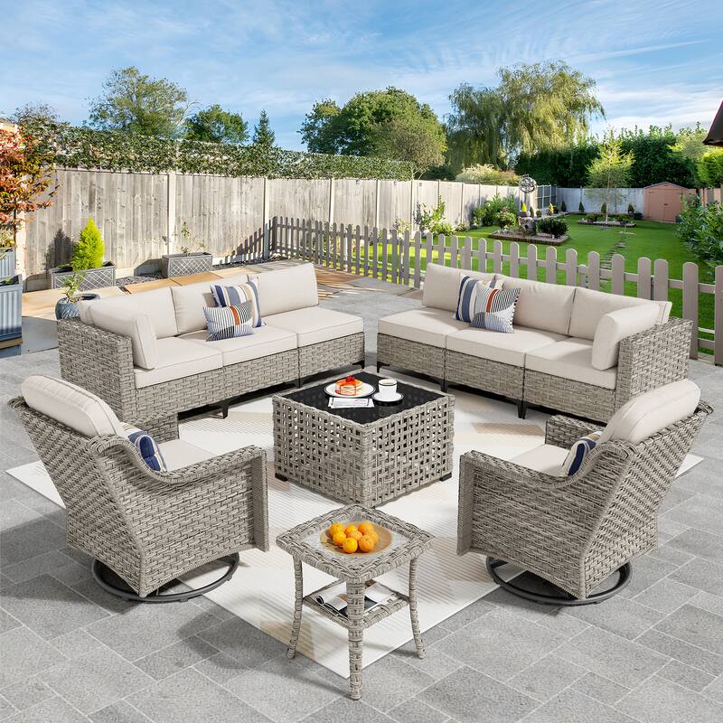 OVIOS 10 Pieces Outdoor Wicker Swivel Chair Set With Solar-Powered Coffee Table