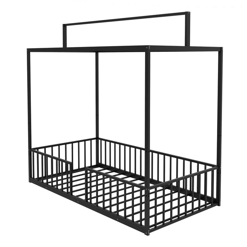 3-in-1 Convertible Metal Bed for Kids, Toddler Floor Bed, Fenced Bed and Montessori Elevated Bed with House-shaped Frame