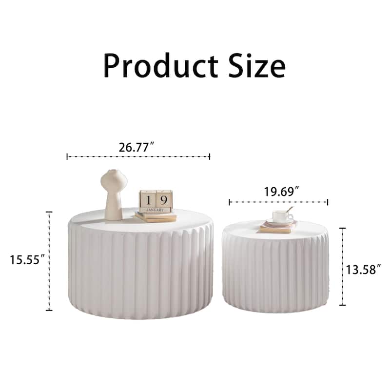 White Scalloped Round Coffee Table Set: Nesting Design, Elegant Curved-Edge Shape for Cozy Living Room Styling