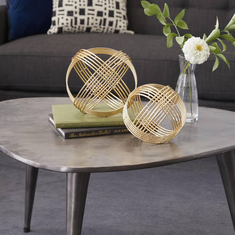 Metal Geometric Layered Orb Decorative Sculpture - Set of 2 Gold - Roche River Decor
