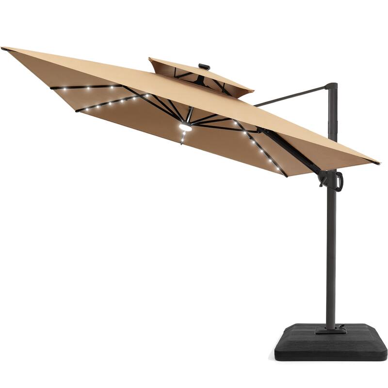 9 X 11 FT Outdoor Patio Cantilever Umbrella with Solar Lights 4-Piece Premium Base Double Canopy 360 Rotation Tilt