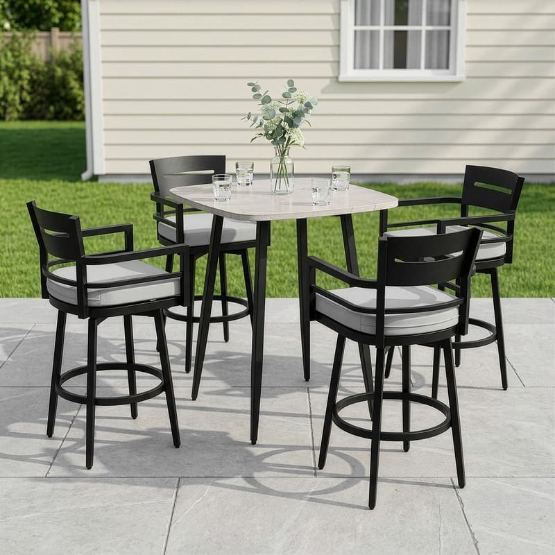 Outdoor Patio Bar Height Dining Set with Swivel Aluminum Bar Stool and Marble Patterned Dining table - N/A - 5-piece/Gray
