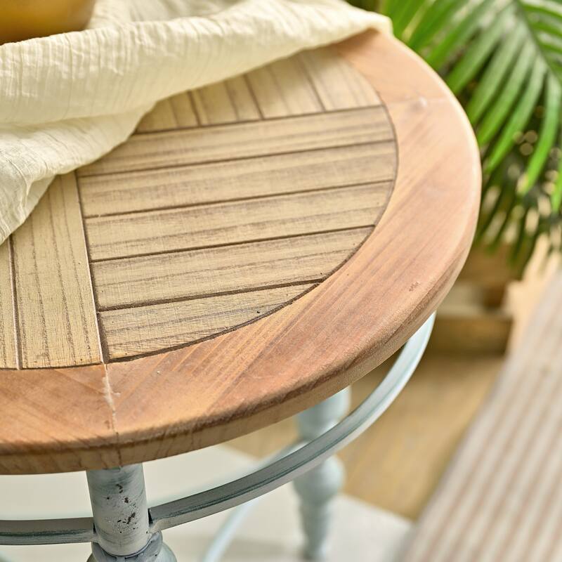 Easy Assembly 20.08" Accent Rustic Wooden Carved Coffee Table, Round Wooden Top Metal Leg Round End Table For Living Room