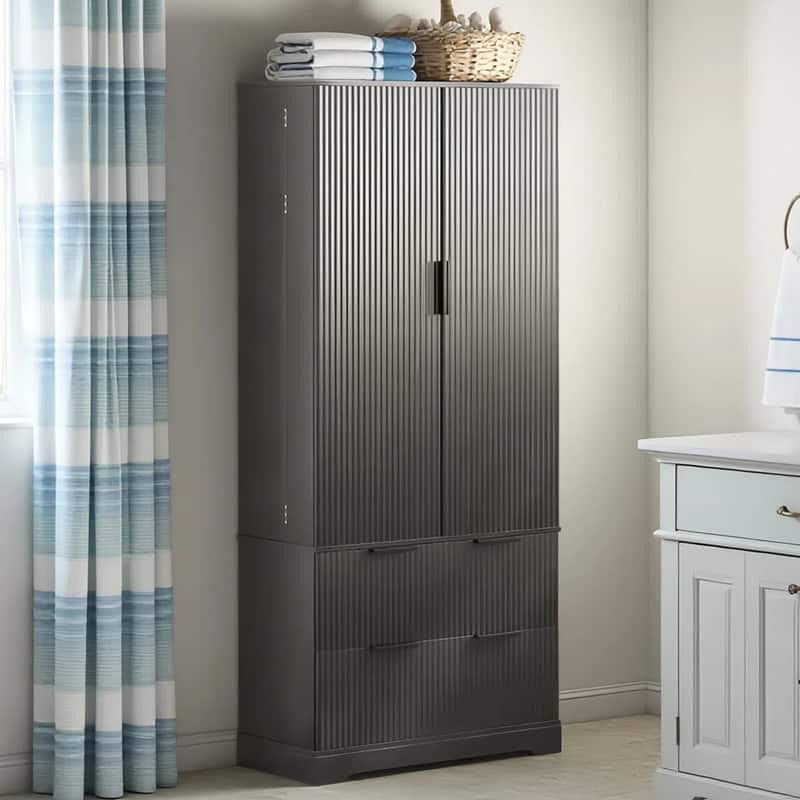 Farmhouse Bathroom Storage Cabinet with 2 Large Drawers, 8-Door storage Rack & 3 Shelves