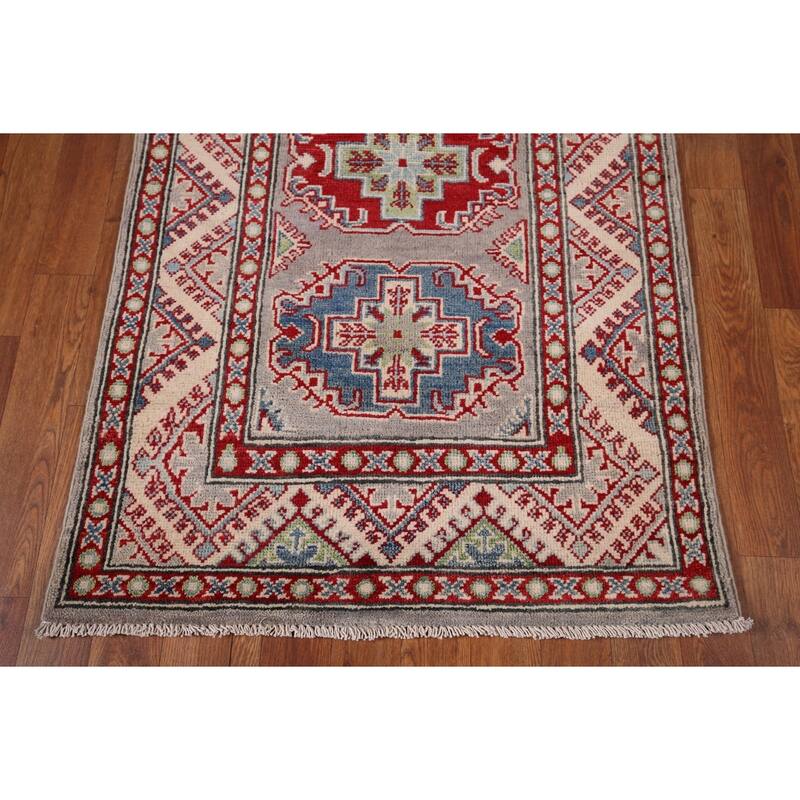 Grey Geometric Kazak Oriental Runner Rug Handmade Wool Carpet - 2'8" x 20'0"
