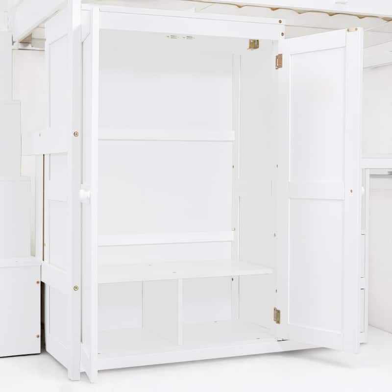 Twin/Full Size Loft Bed with Desk, Wardrobe, Drawers & Stairs, Wood Frame Study Bed with Storage for Kids/Teens