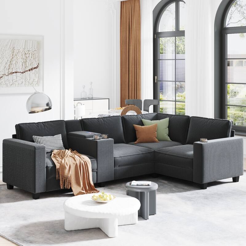 105" L-Shaped Corduroy Sectional Sofa with Storage Armrests and Console, 4-Seater Convertible Couch with USB charging