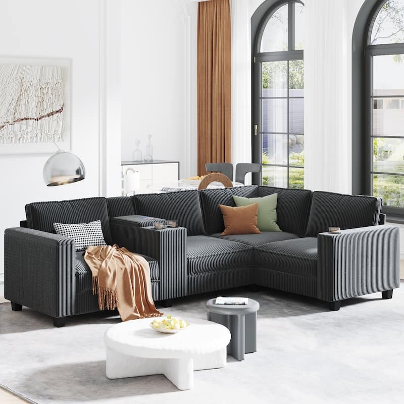 Corner Sectional Sofa L-shape Recliner Couch with Center Console, USB