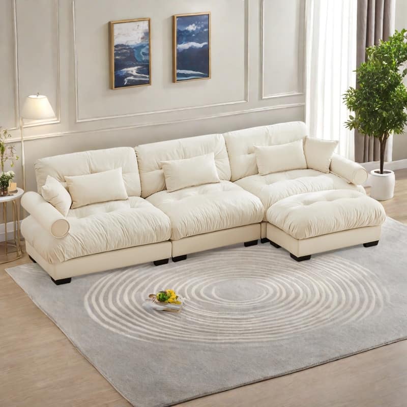 130" 3-Seat Velvet Oversized Modular Sectional Sofa with Movable Ottoman, Bolstered Armrests, and Cloud Cushions