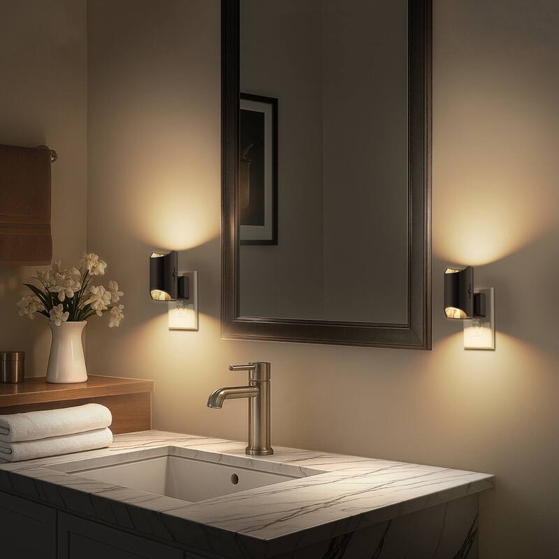 YANSUN Set of 2 Plug-in Dusk-to-Dawn Night Lights, Black Cylinder Wall Lamp, 3000K Warm Light, Sliding Dimmer, US Plug