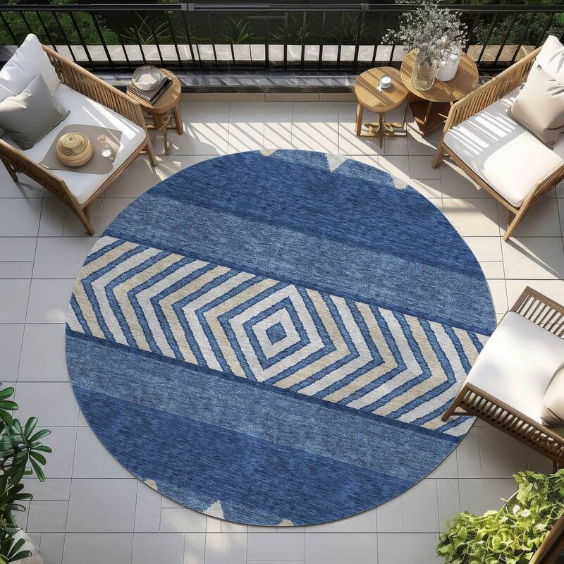 Machine Washable Indoor/ Outdoor Global Boho Chantille Rug - Navy - 8' x 8'