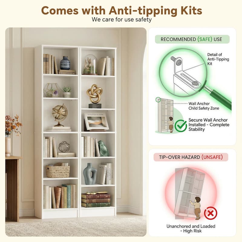 80"H Tall 6-Tier Bookcase With 2 Adjustable Shelves，Modern Open Storage Shelf for Home Office and Bedroom