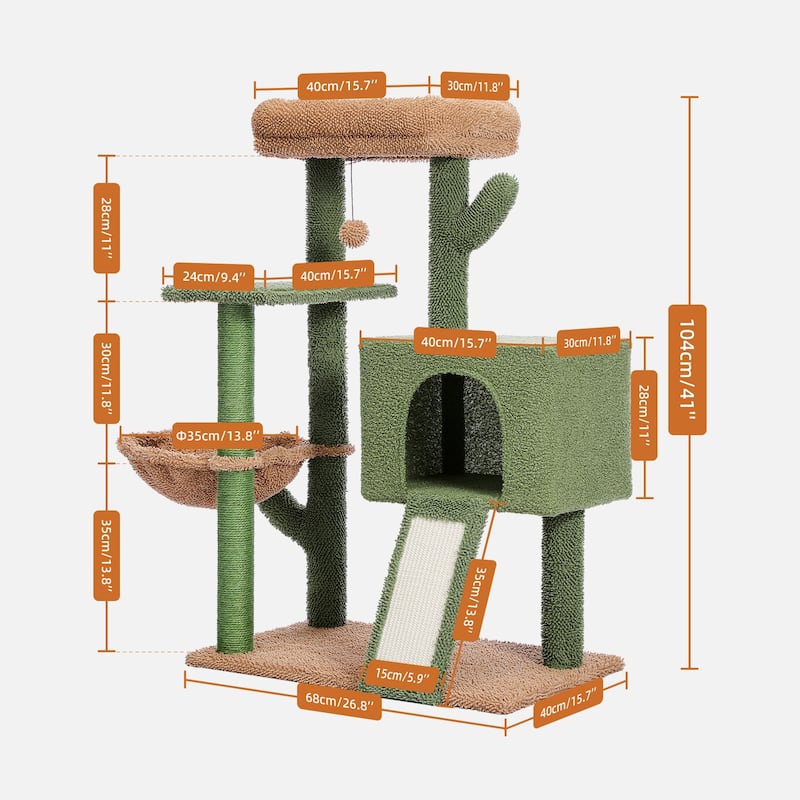 Multi-Level Cactus Cat Tower with Scratching Post and Cozy Condo, Plush Perch & Soft Hammock