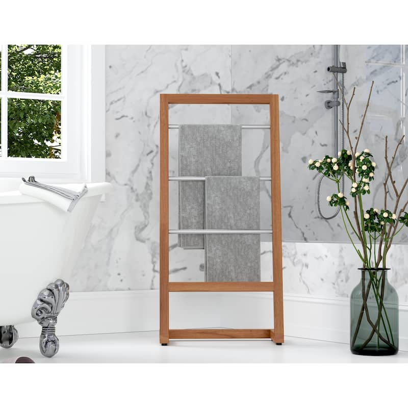 Patented Sula Angled Teak & Stainless Towel Stand - 4 Bars