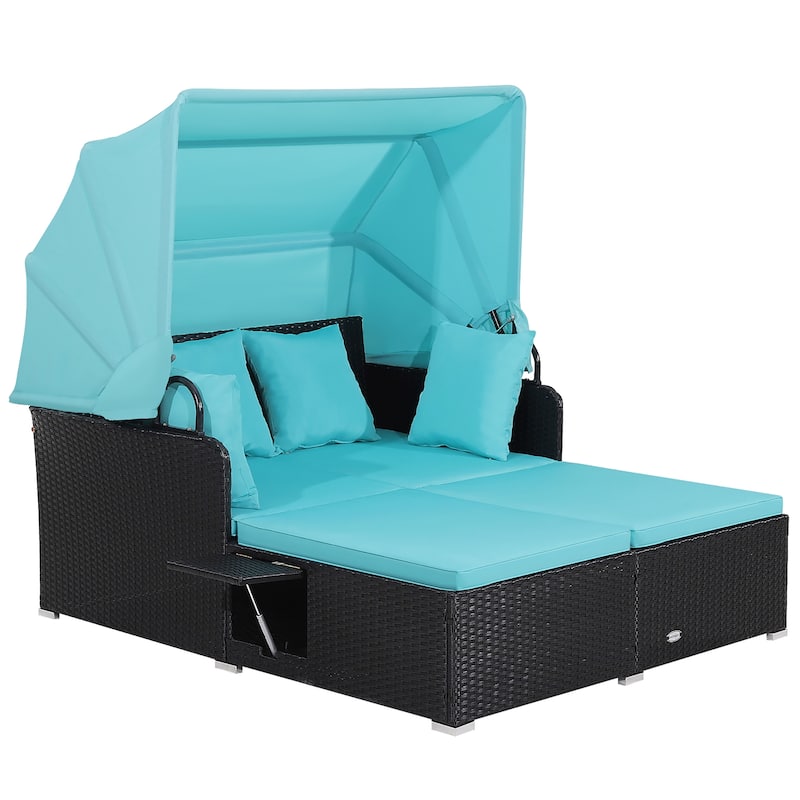 Patio Rattan Daybed Outdoor Loveseat Sofa Set with Retractable Canopy - Turquoise