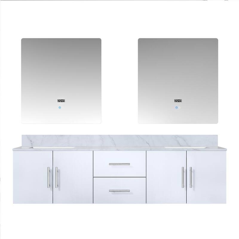 Geneva 72 in. W x 22 in. D Glossy White Double Bath Vanity, Carrara Marble Top, and 30 in. LED Mirrors