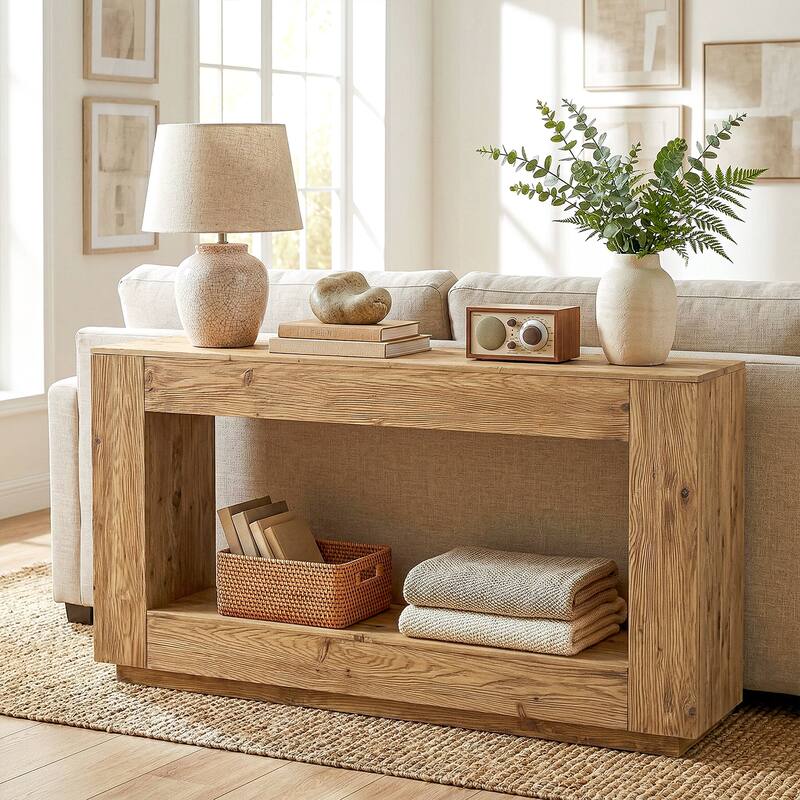 59" Solid Wood Entryway Table, 2-Tier Console Table with Open Storage