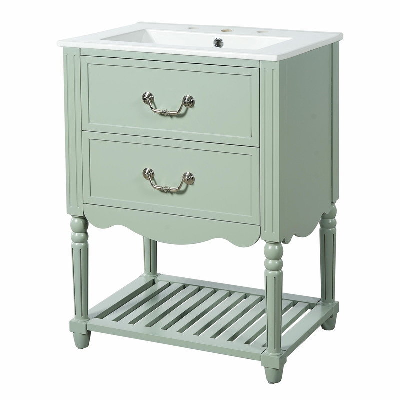 24'' Vintage Bathroom Vanity with Ceramic Sink, Freestanding Cabinet with 2 Drawers, Open Shelf