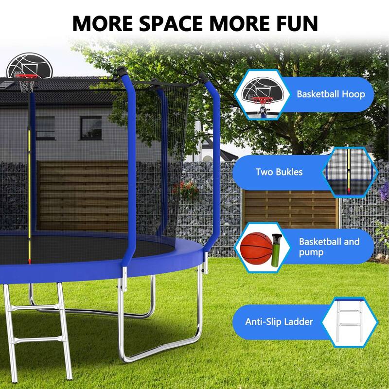 Outdoor Trampoline with Safety Net, Basketball Hoop & Ladder