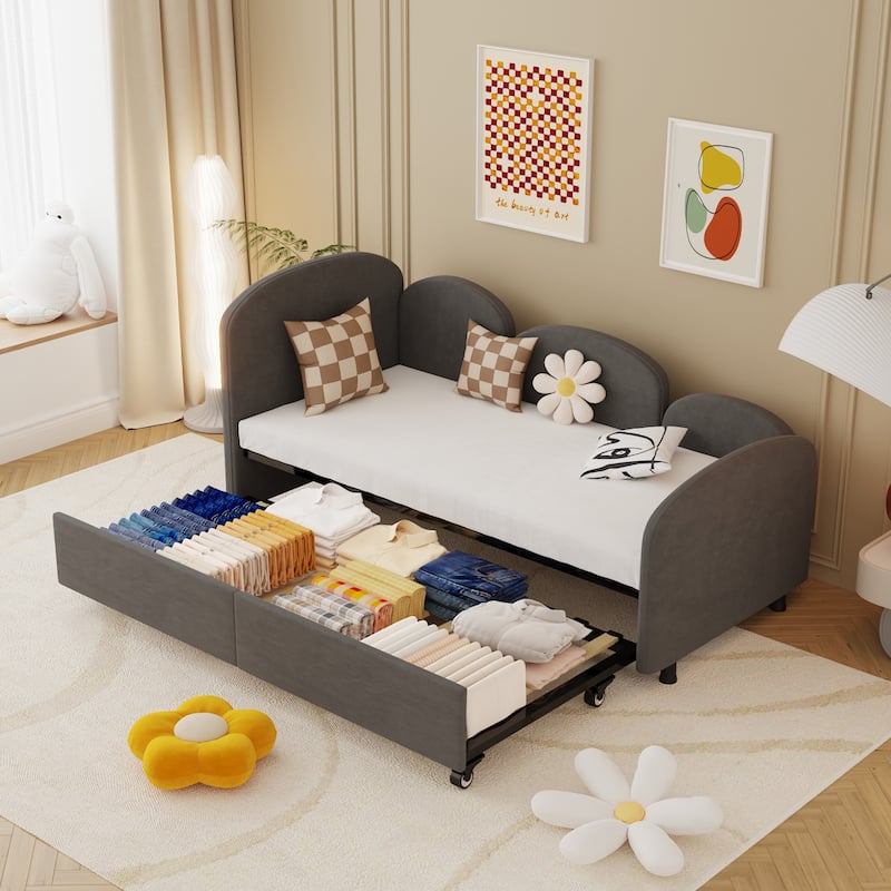 Twin Size Velvet Upholstered Daybed, Platform Bed Frame with Flower Design, Trundle Ideal for Bedroom and Guest Room