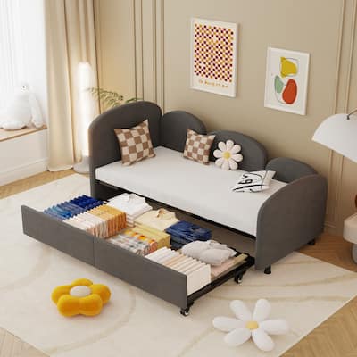 Twin Size Velvet Upholstered Flower Design Daybed with Storage Drawer, Multi-Functional Sofa Bed for Kids Room, Living Room