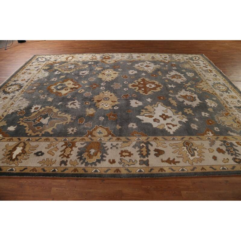 Grey Floral Oushak Oriental Area Rug Hand-Knotted Wool Carpet - 9'3"x 11'11"