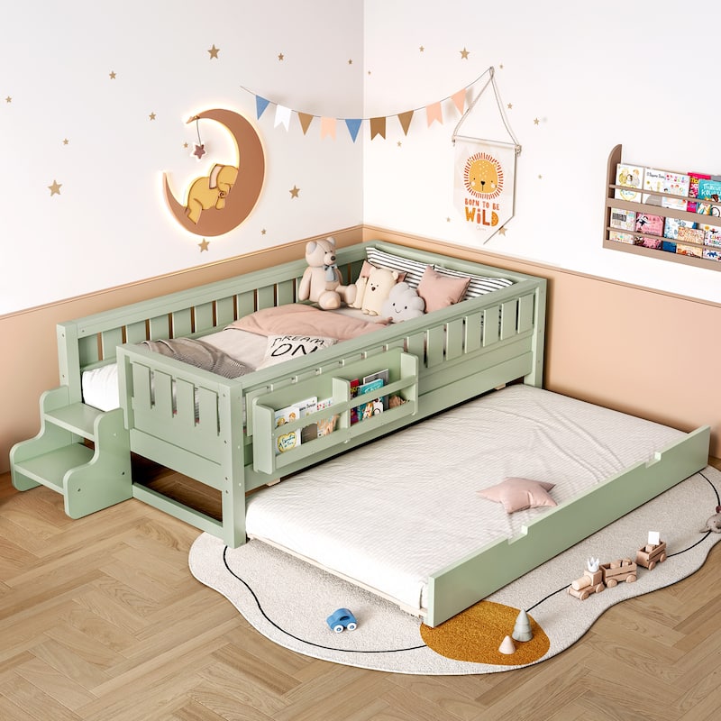 Full/Twin Loft Bed with Bookshelves, Safety Stairs & Trundle - Green - Twin