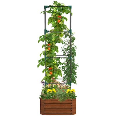 Galvanized Raised Garden Bed, 24" x 24" x 11.75" Outdoor Planter Box with Trellis Tomato Cage and Open Bottom for Climbing Vines