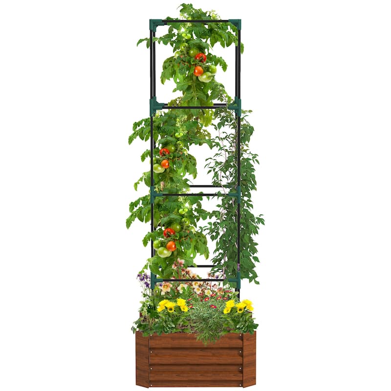 Outsunny Galvanized Raised Garden Bed, 24" x 24" x 11.75" Outdoor Planter Box with Trellis Tomato Cage and Open Bottom