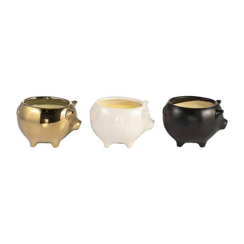 Set of Three 4"H 6" Diameter Gold, Ivory, and Black Colored Ceramic Pig Soy Candle 9oz Vanilla-scented for Indoor - 6" x 5" x 4"