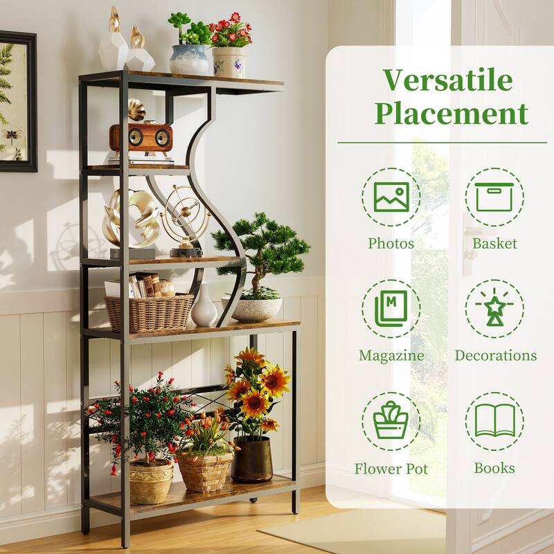 Tall 5-Tier Industrial Metal & Wood Plant Stand, Bookshelf, Bonsai Display - 36" W x 12" D x 72" H
