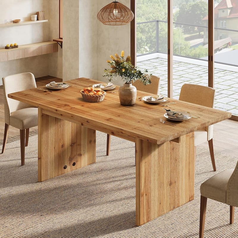 Solid Wood Dining Table for 6, 63" Farmhouse Rectangle Kitchen Dinner Tables - 31.49"W x 62.99"L x 29.92"H - Natural Wood