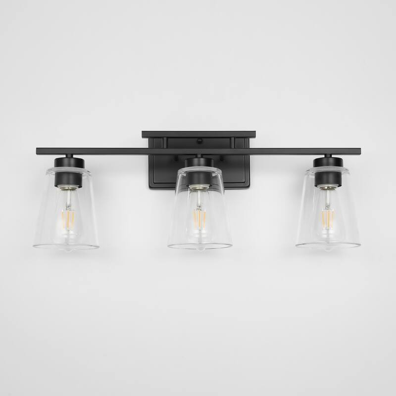3-Light Modern Black Linear Cone Clear Glass Bathroom Vanity Light - 23.62 in. W x 7.09 in. D x 9.25 in. H
