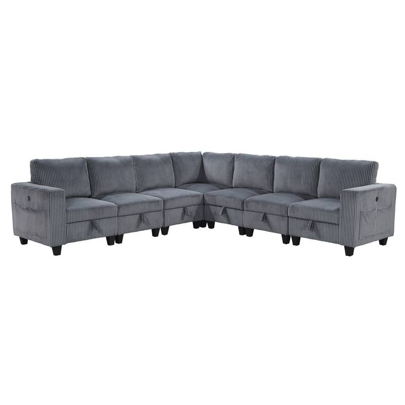 7-Piece Modular Sectional Couch with Storage, Pockets, Ports in Dark Gray Corduroy, Solid Wood